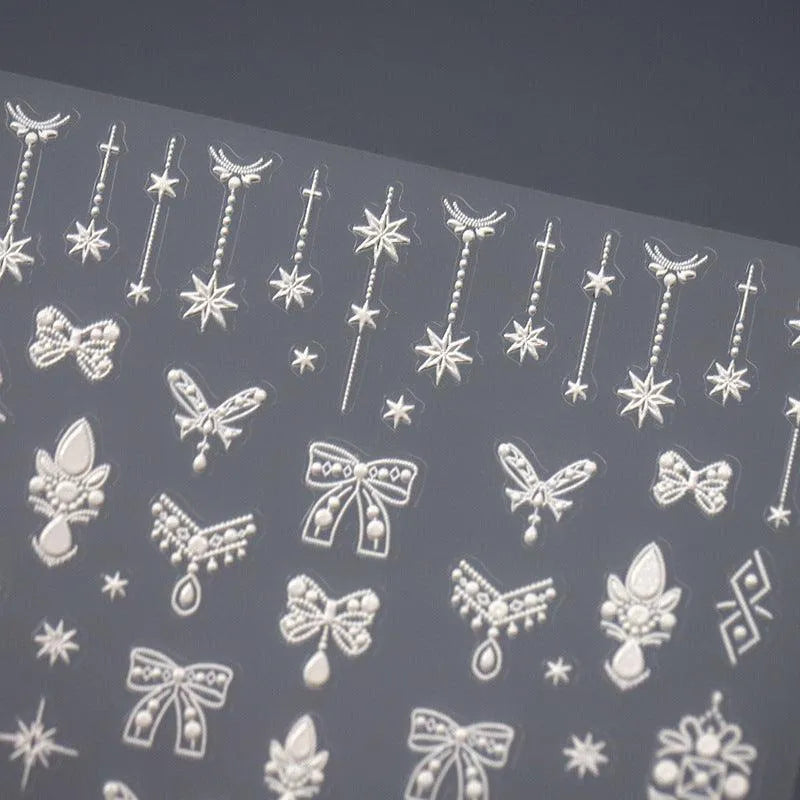 Baroque Pearls Nail Art Stickers Adhesive Sliders White Pendant Bow Embossed Sticker Decals 