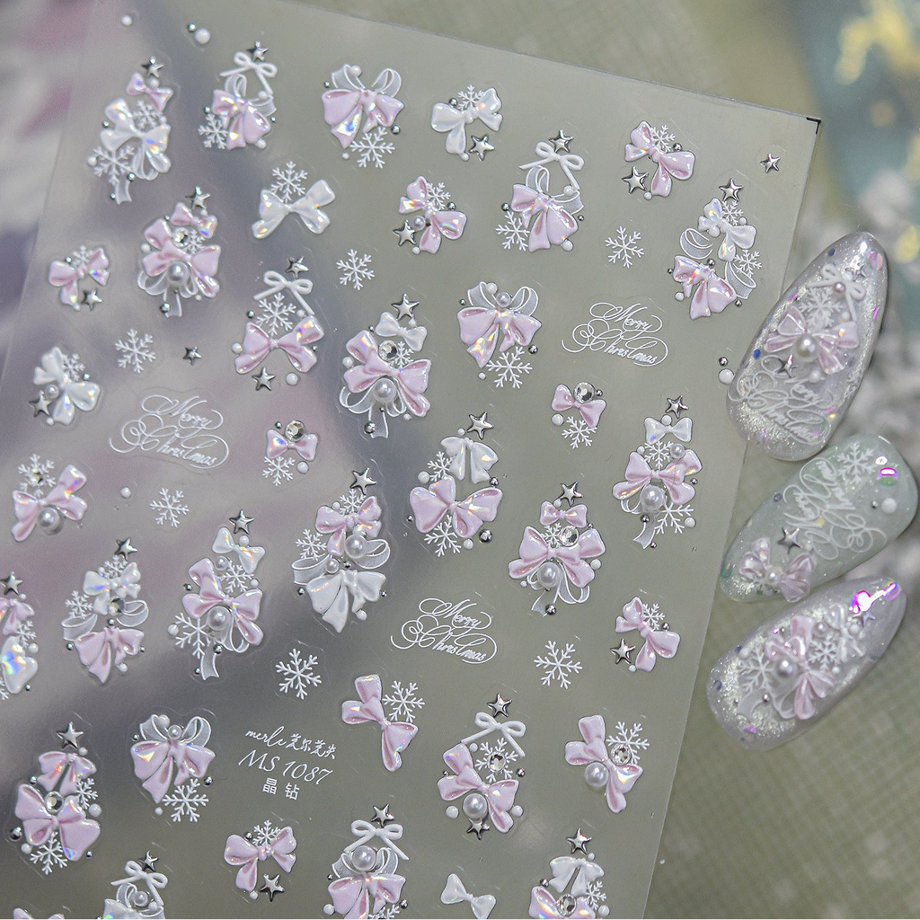 3D Luxury Christmas Nail Stickers - Elegant Bows, Pearls, Snowflakes Series 