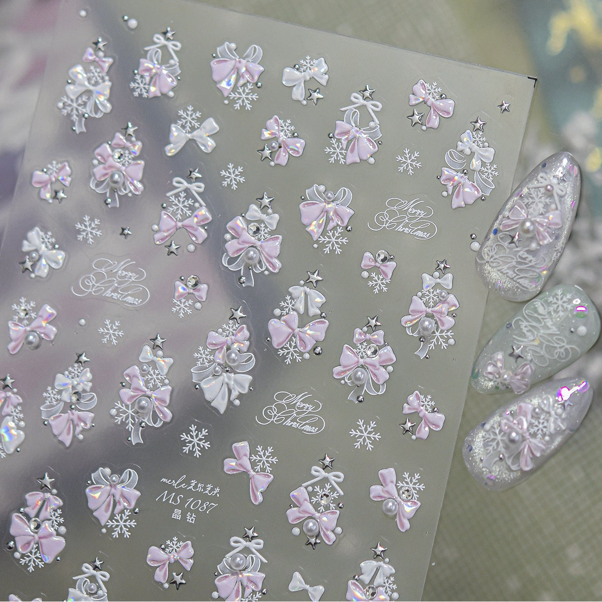 3D Luxury Christmas Nail Stickers - Elegant Bows, Pearls, Snowflakes Series 