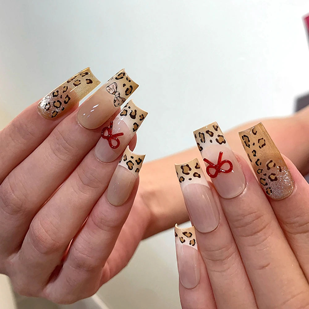 Nail Art Stickers Pink Leopard Bowknot Adhesive Sticker Decals MS690