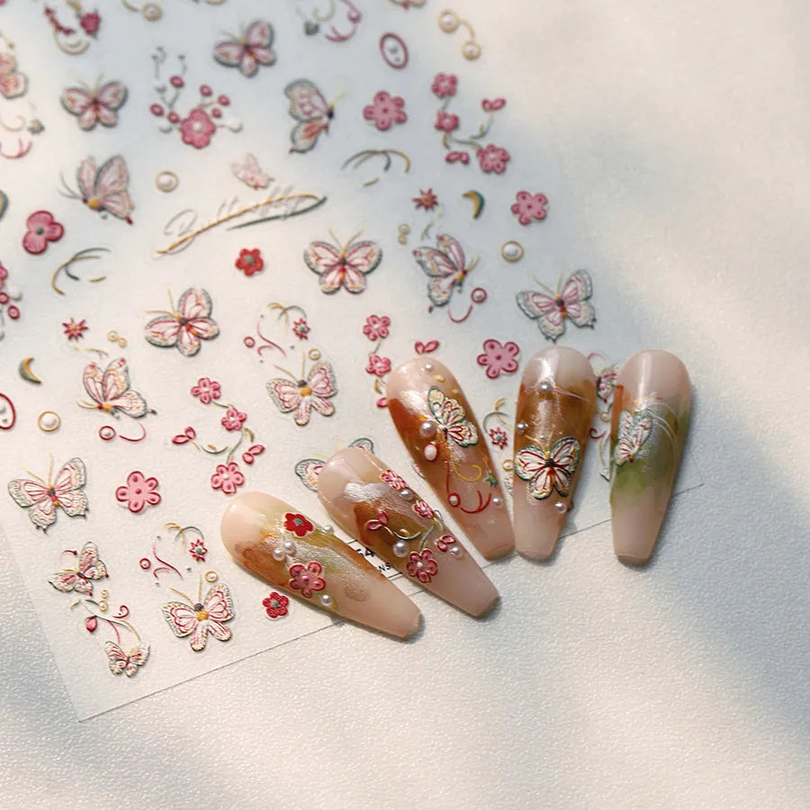 5D Butterfly & Cherry Blossom Nail Stickers – Embroidered Floral Design TS3954