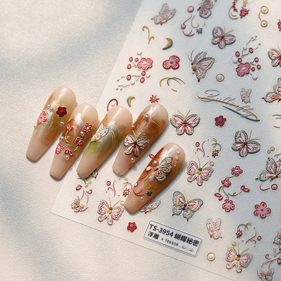 5D Butterfly & Cherry Blossom Nail Stickers – Embroidered Floral Design TS3954
