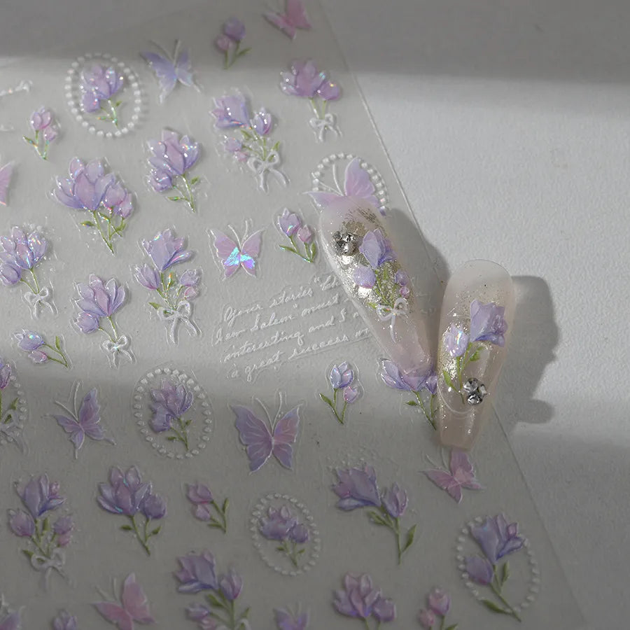 3D Floral & Butterfly Nail Stickers – Jelly Pastel Purple Decals M922
