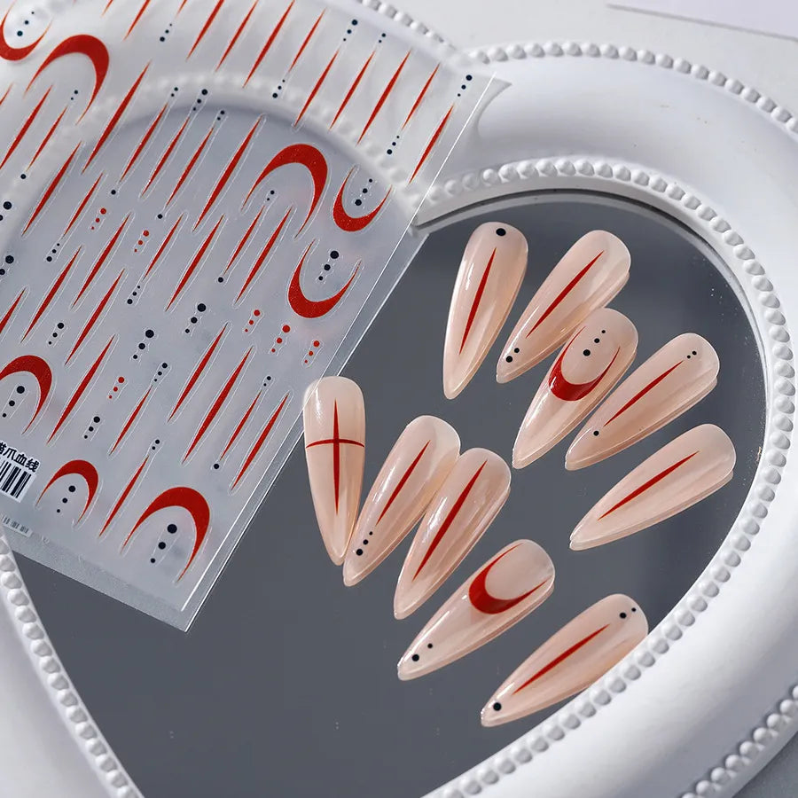 3D French Lines Nail Stickers, Red Line Decals TS3768