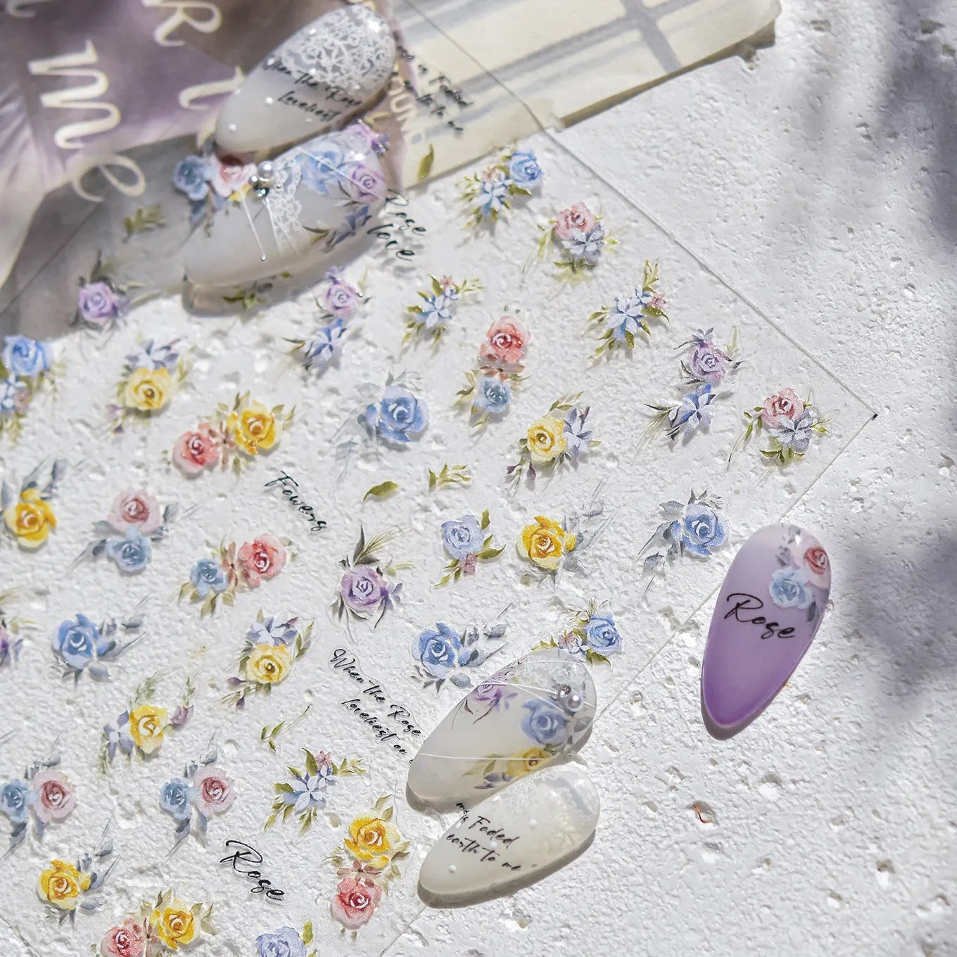 3D Watercolor Rose Nail Stickers | Elegant Floral Decals