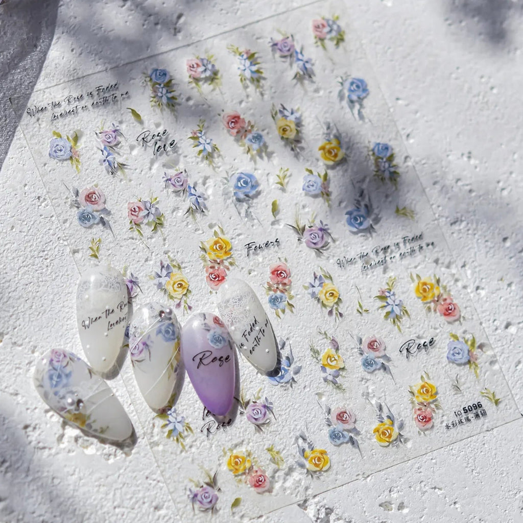 3D Watercolor Rose Nail Stickers | Elegant Floral Decals