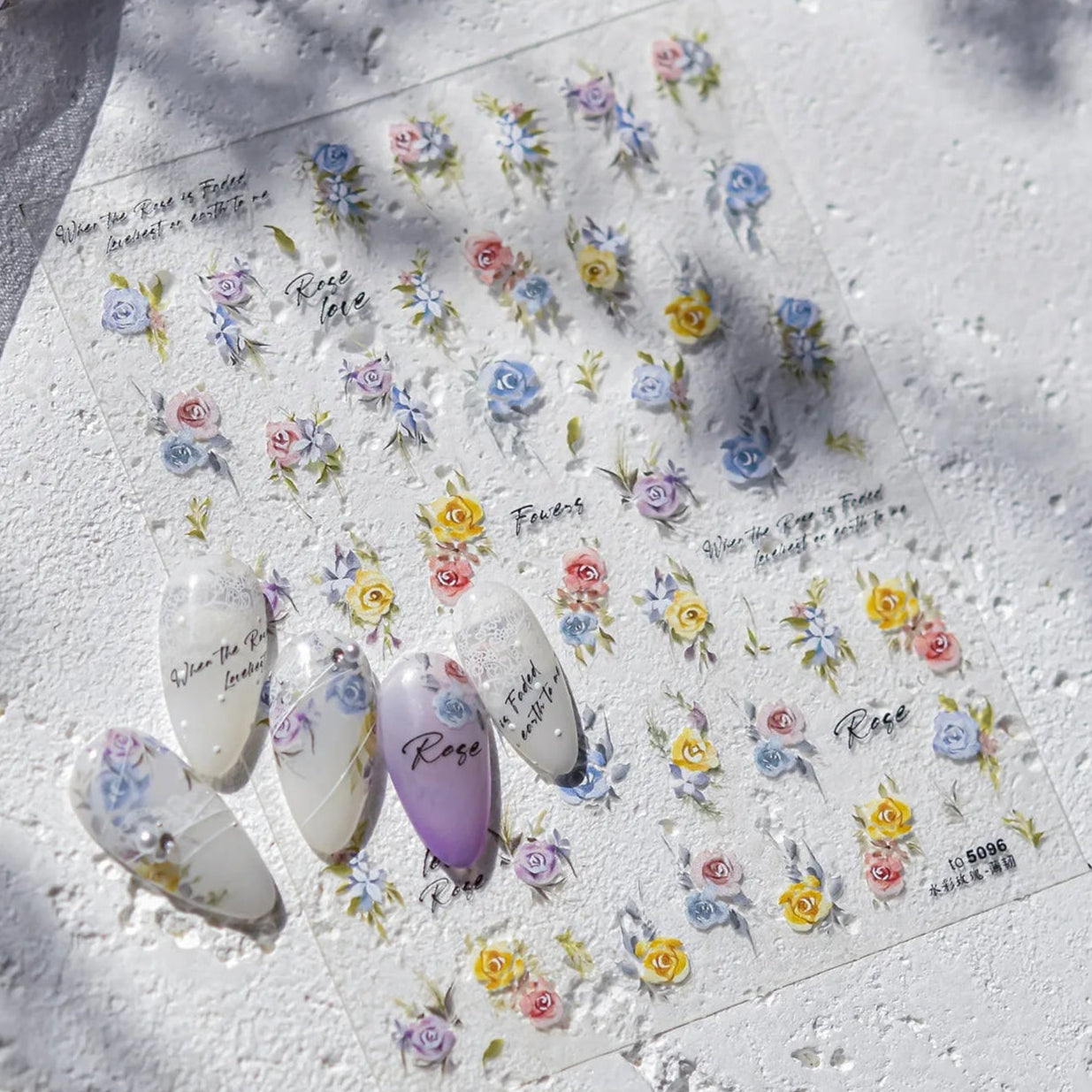 3D Watercolor Rose Nail Stickers | Elegant Floral Decals