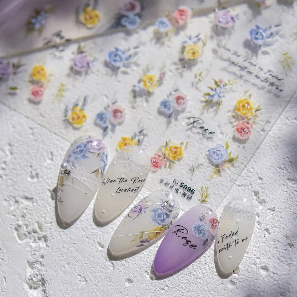 3D Watercolor Rose Nail Stickers | Elegant Floral Decals