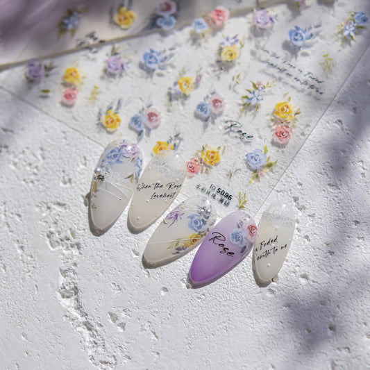 3D Watercolor Rose Nail Stickers | Elegant Floral Decals