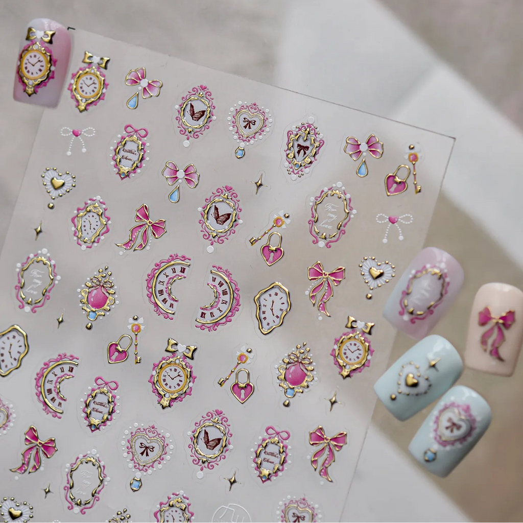 3D Alice Wonderland Nail Stickers - Pink Melting Clock & Coquette Bows Decals