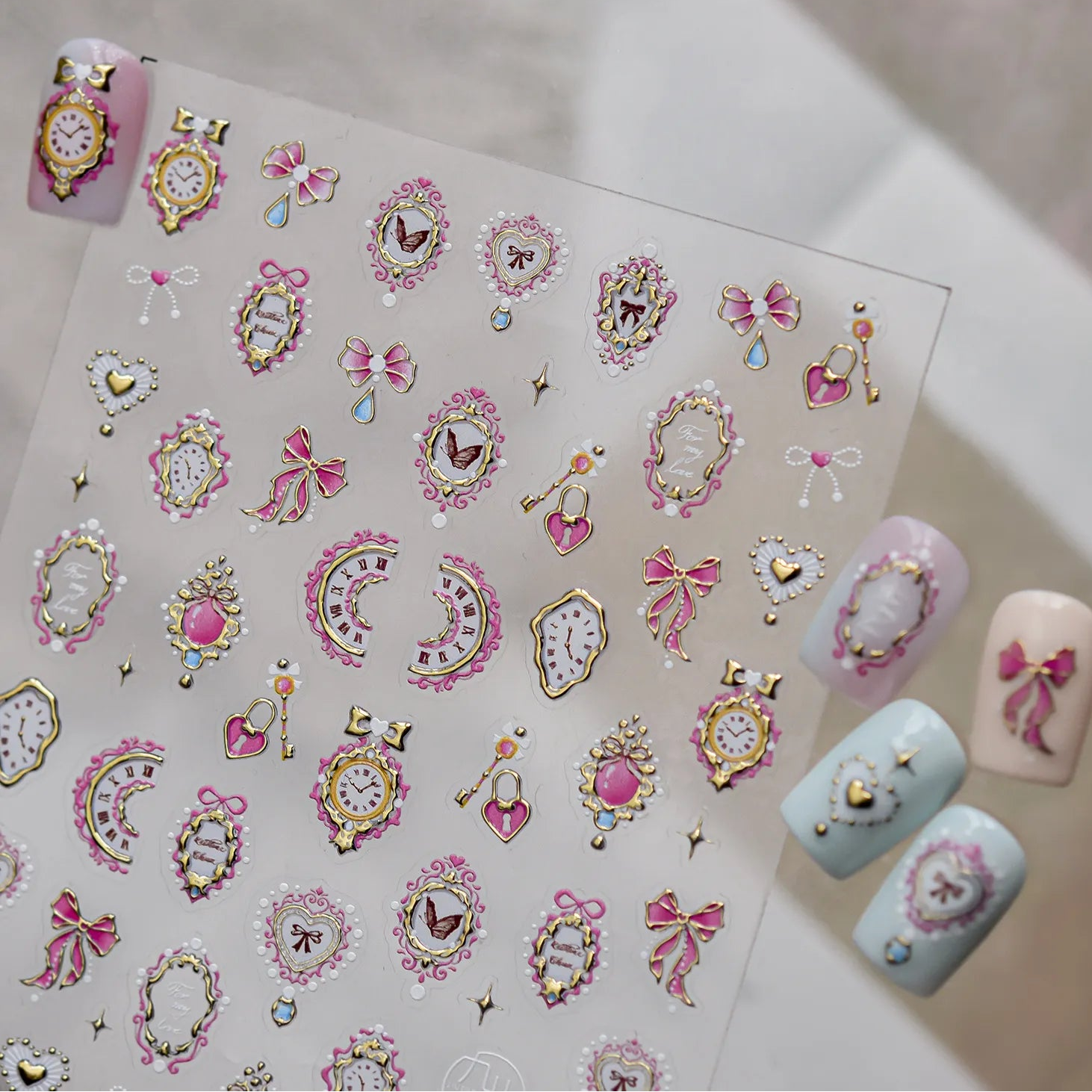 3D Alice Wonderland Nail Stickers - Pink Melting Clock & Coquette Bows Decals
