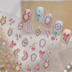 3D Alice Wonderland Nail Stickers - Pink Melting Clock & Coquette Bows Decals