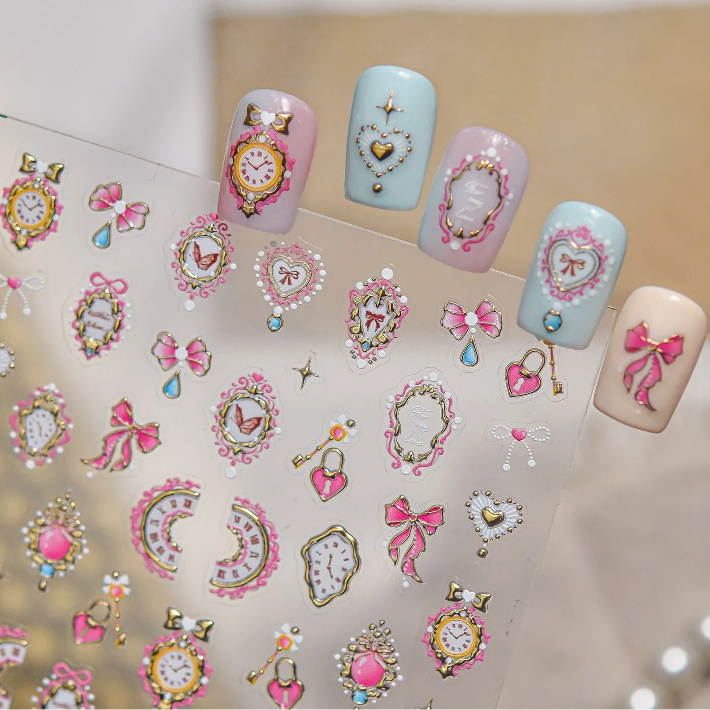 3D Alice Wonderland Nail Stickers - Pink Melting Clock & Coquette Bows Decals