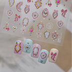 3D Alice Wonderland Nail Stickers - Pink Melting Clock & Coquette Bows Decals