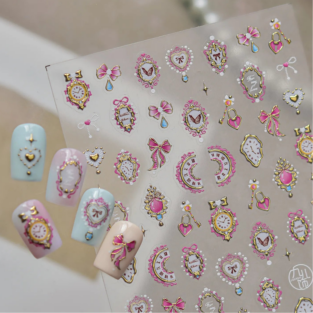3D Alice Wonderland Nail Stickers - Pink Melting Clock & Coquette Bows Decals