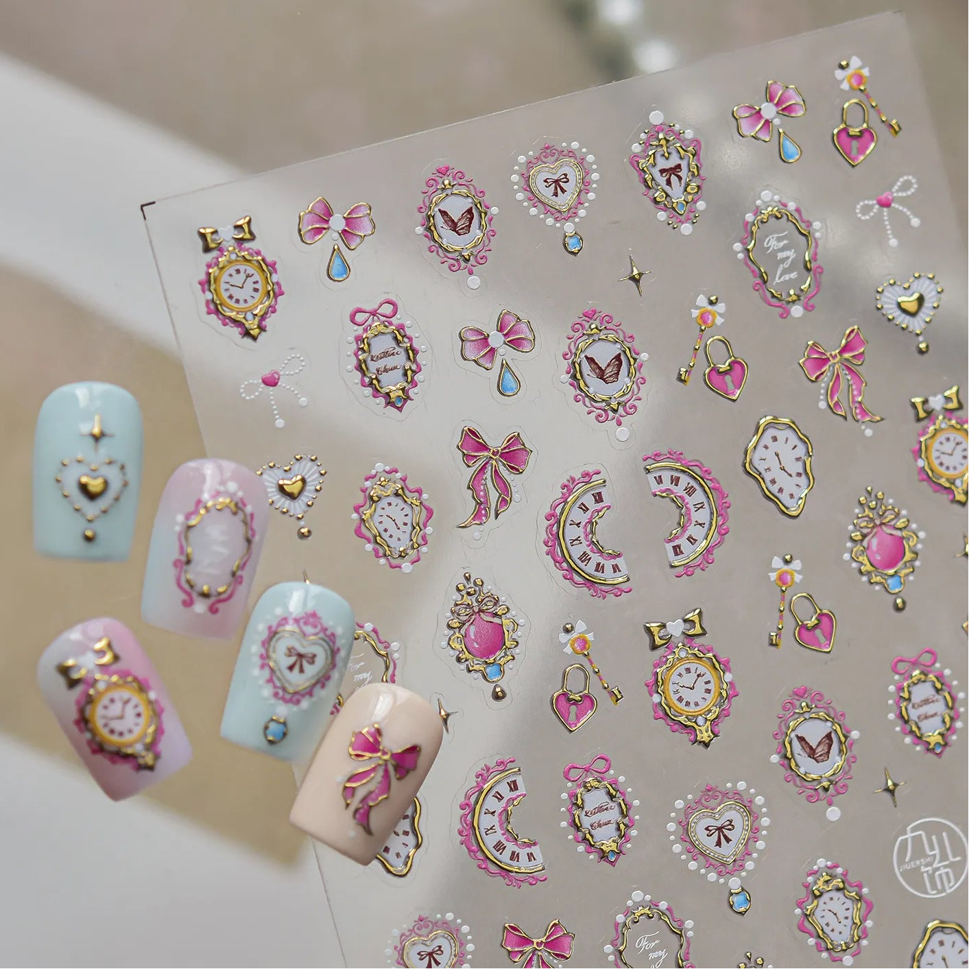 3D Alice Wonderland Nail Stickers - Pink Melting Clock & Coquette Bows Decals