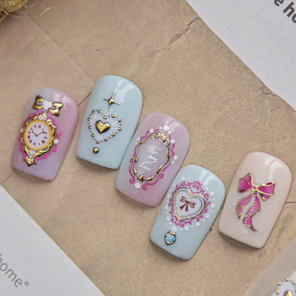 3D Alice Wonderland Nail Stickers - Pink Melting Clock & Coquette Bows Decals