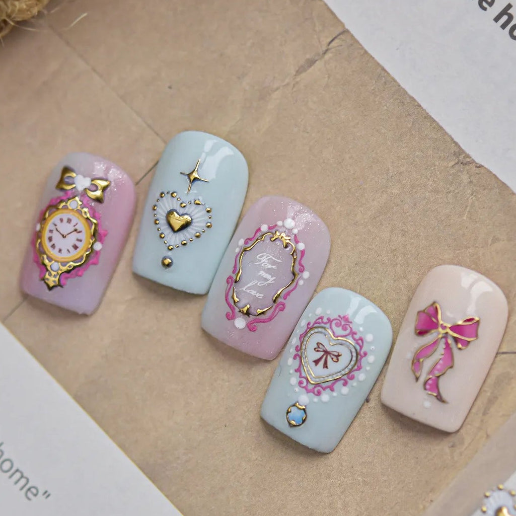 3D Alice Wonderland Nail Stickers - Pink Melting Clock & Coquette Bows Decals