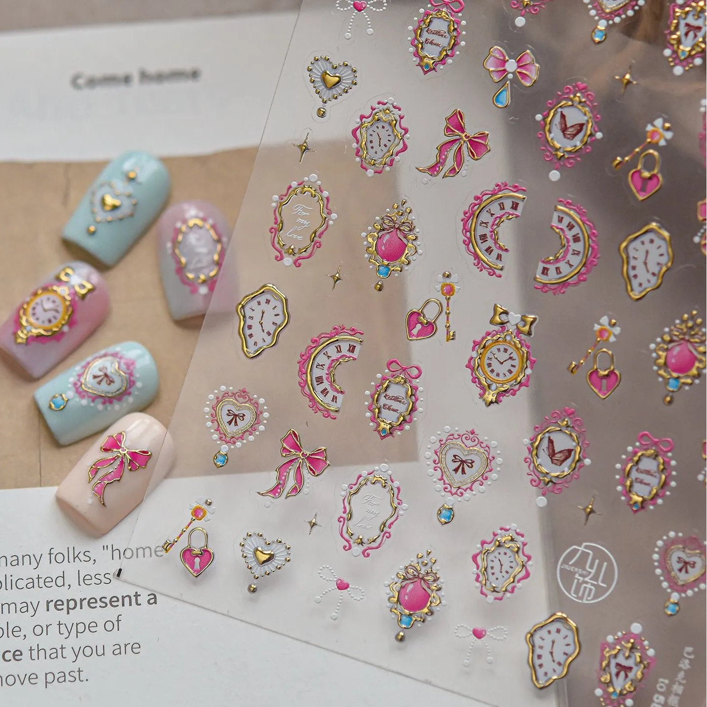 3D Alice Wonderland Nail Stickers - Pink Melting Clock & Coquette Bows Decals 5805