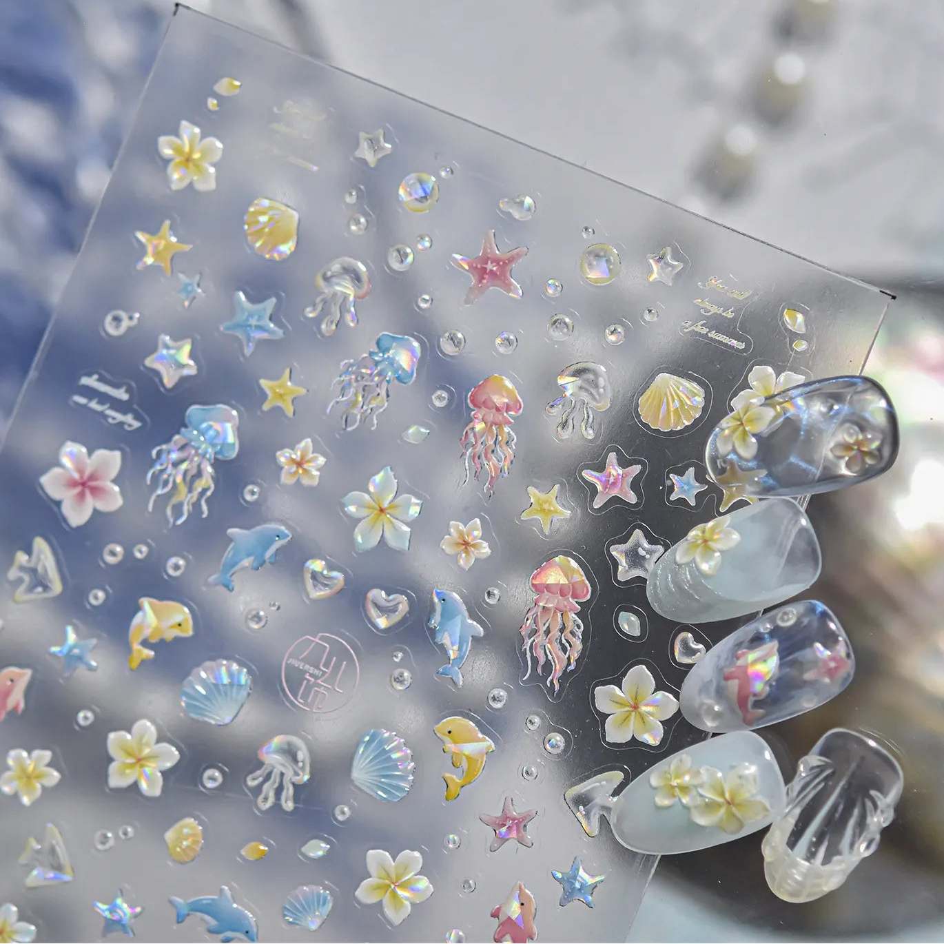 3D Aurora Mermaidcore Nail Stickers - Holographic Jellyfish & Shells