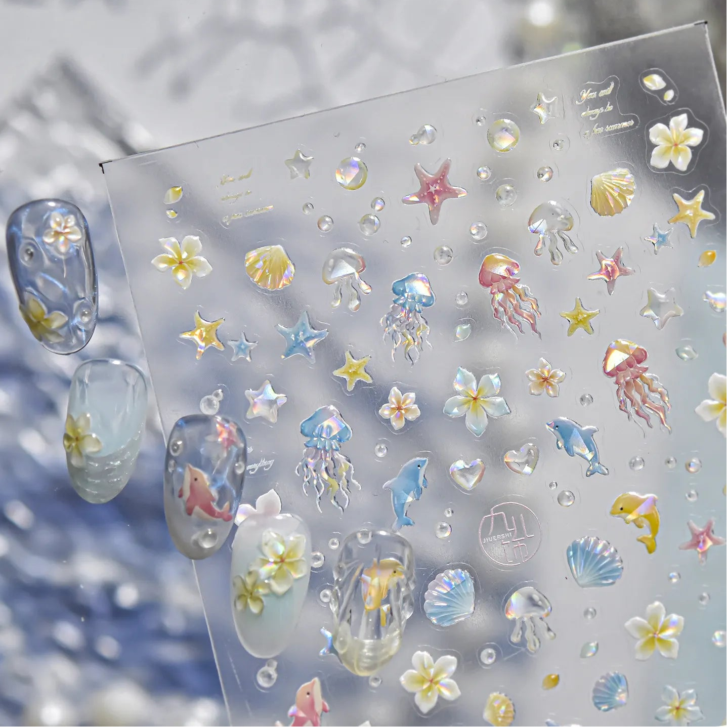 3D Aurora Mermaidcore Nail Stickers - Holographic Jellyfish & Shells