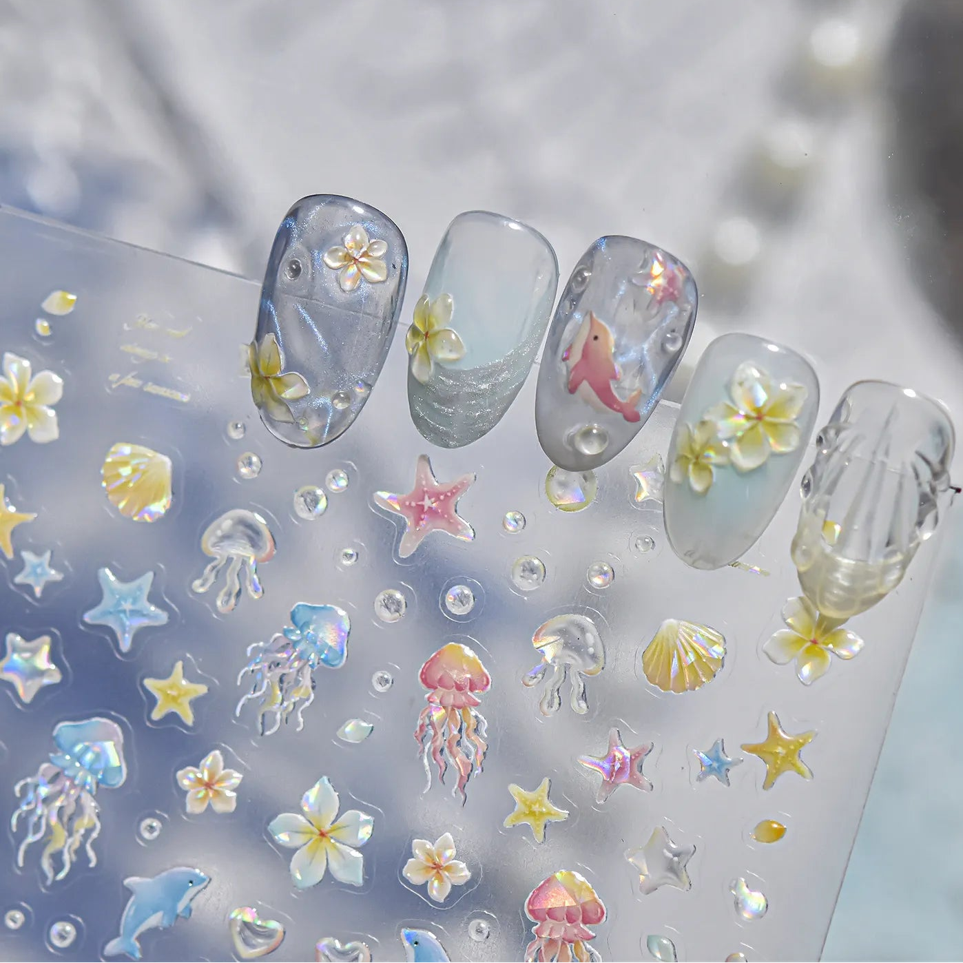 3D Aurora Mermaidcore Nail Stickers - Holographic Jellyfish & Shells