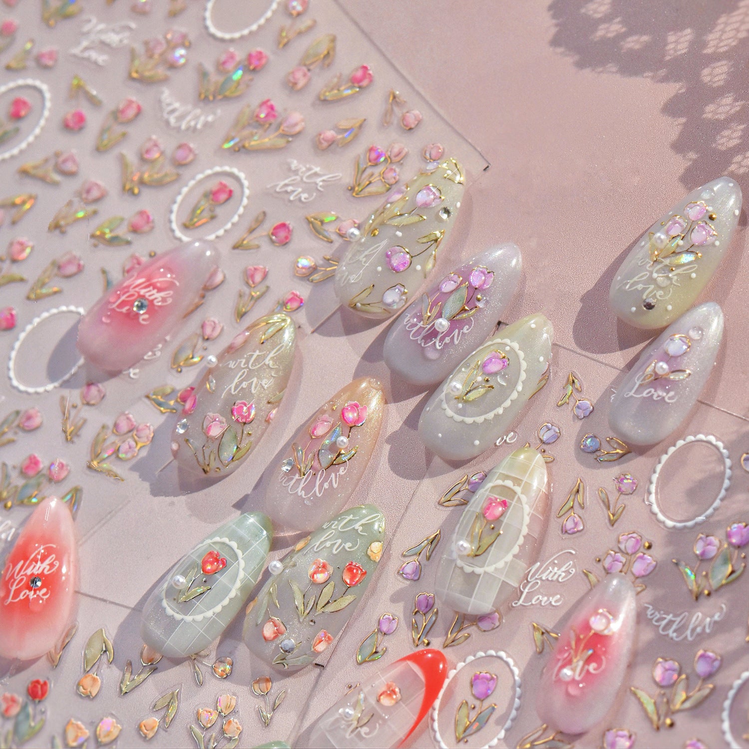 3D Aurora Tulip Nail Stickers Romantic Floral Decals