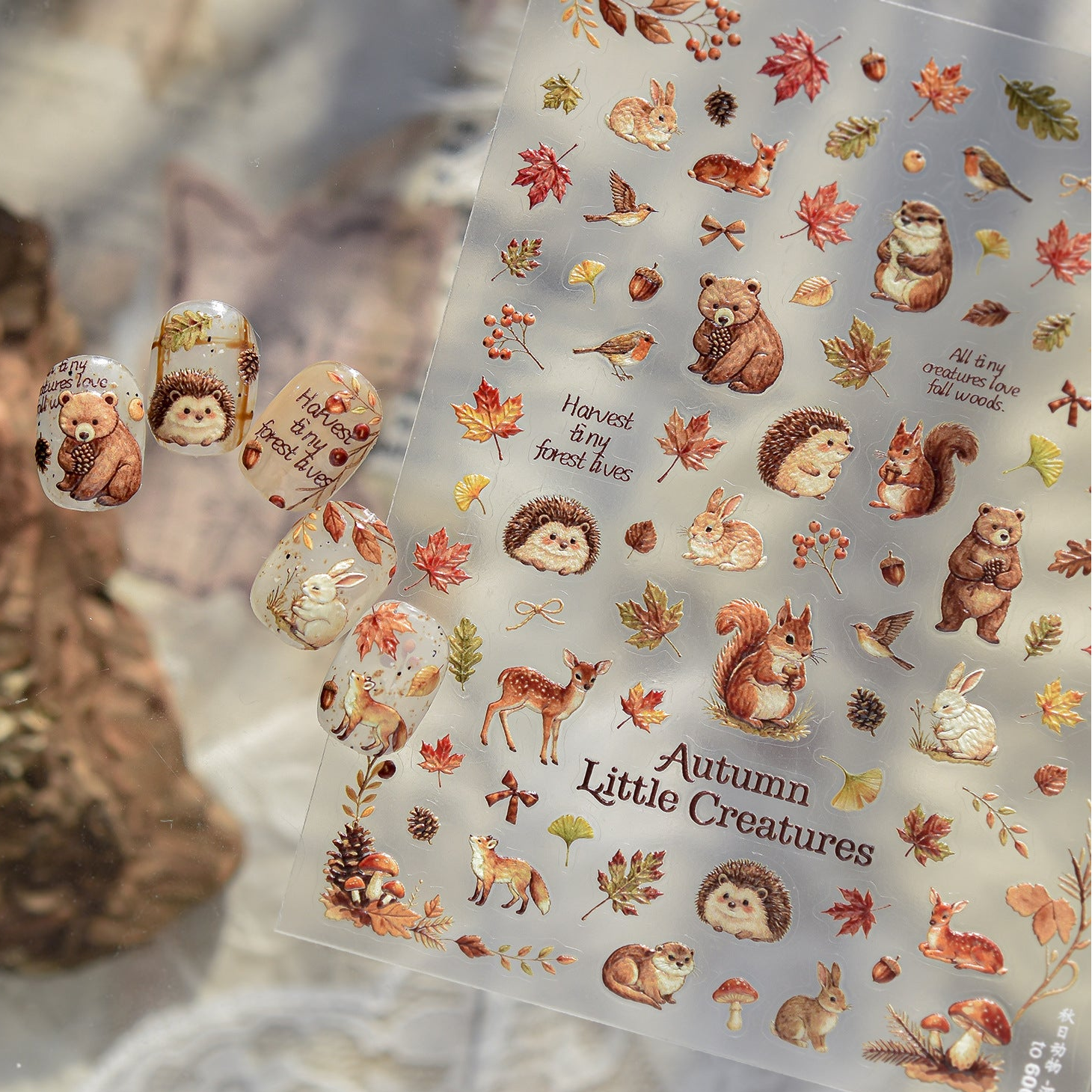 3D Autumn Forest Animal Nail Art Stickers - Cute Hedgehog Deer Decals