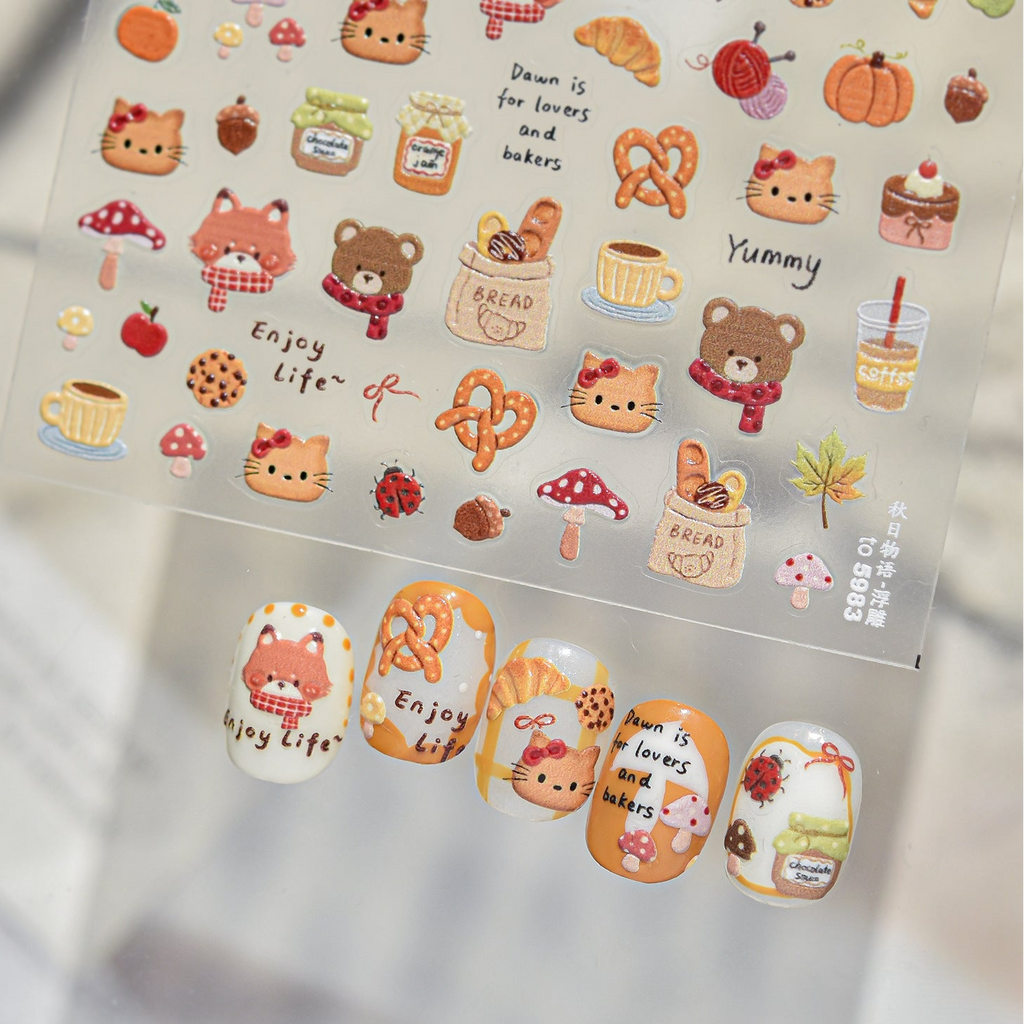 3D Autumn Forest Animal Nail Art Stickers - Cute Hedgehog Deer Decals