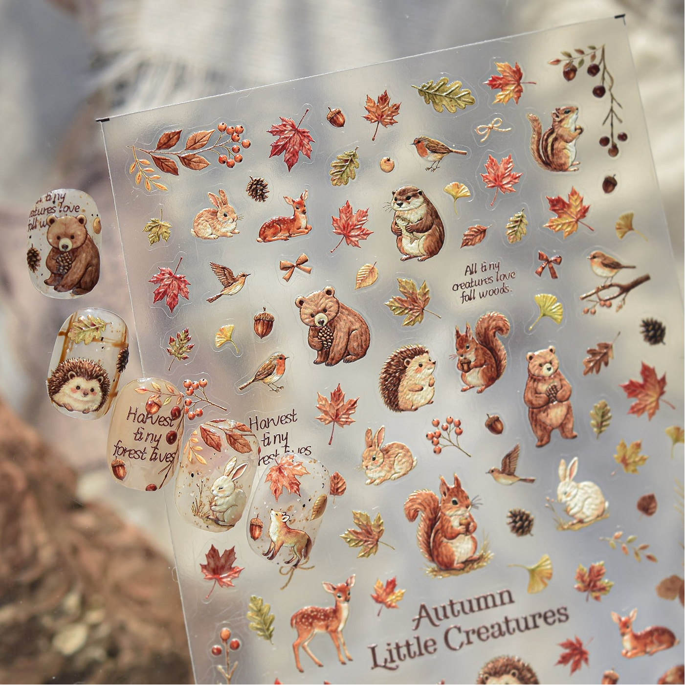 3D Autumn Forest Animal Nail Art Stickers - Cute Hedgehog Deer Decals