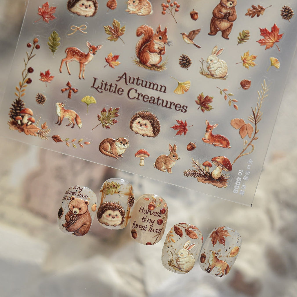 3D Autumn Forest Animal Nail Art Stickers - Cute Hedgehog Deer Decals