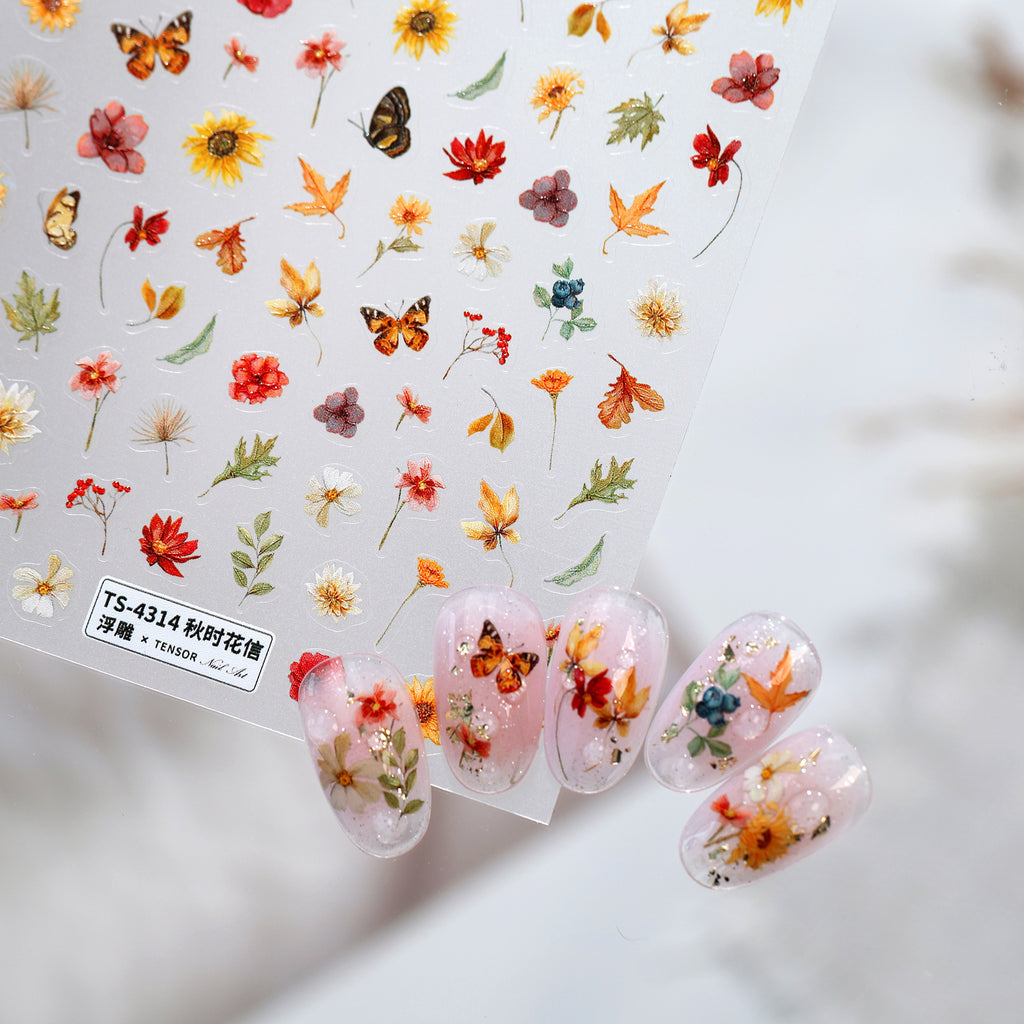 3D Autumn Pressed Flower & Butterfly Nail Stickers - Fall Maple Leaf Decals 4314