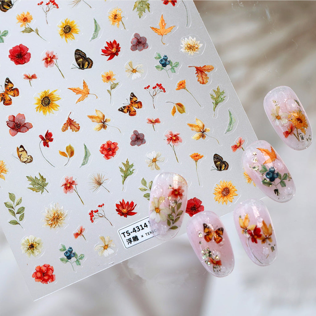 3D Autumn Pressed Flower & Butterfly Nail Stickers - Fall Maple Leaf Decals 4314