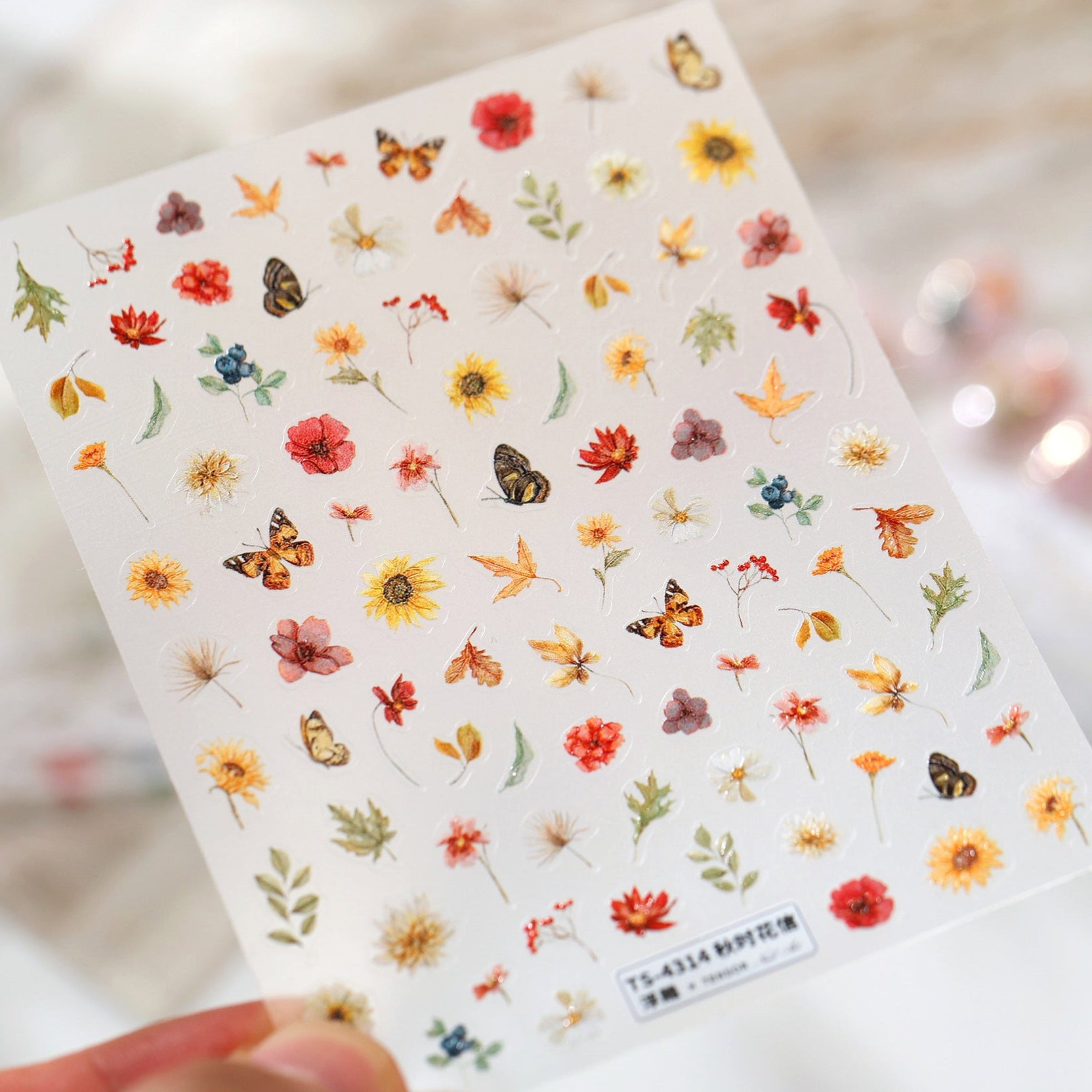 3D Autumn Pressed Flower & Butterfly Nail Stickers - Fall Maple Leaf Decals 4314