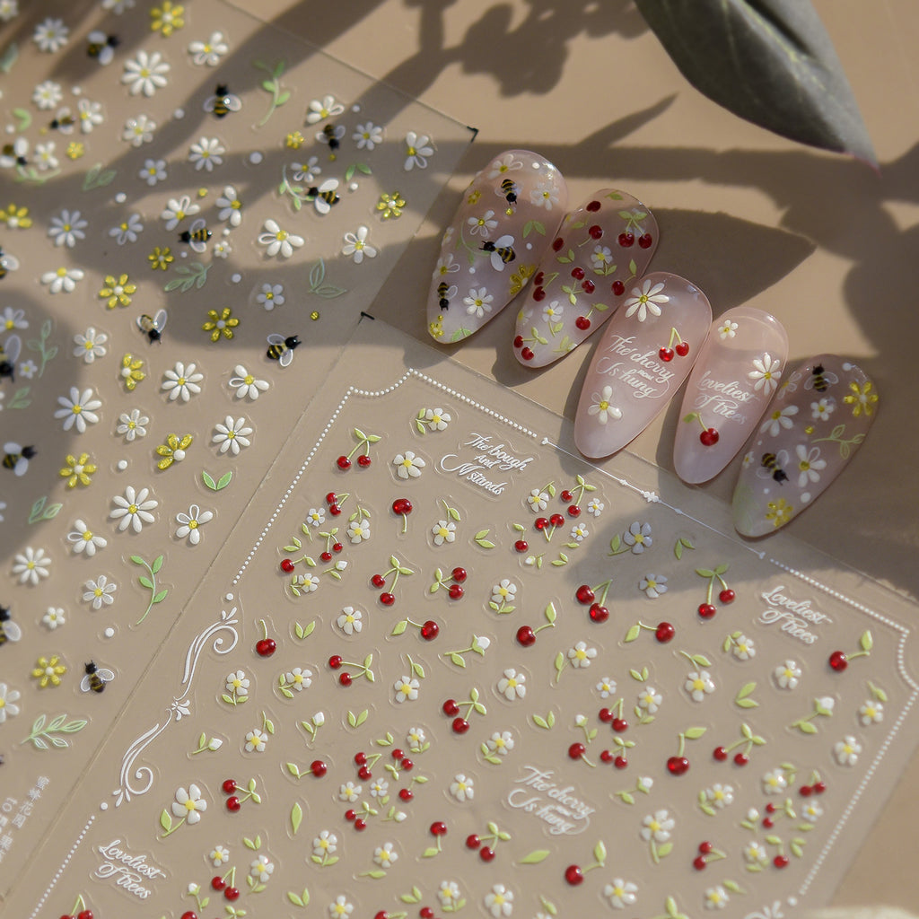 3D Bee Garden & Cherry Blossom Nail Art Stickers | Floral DIY Decals 