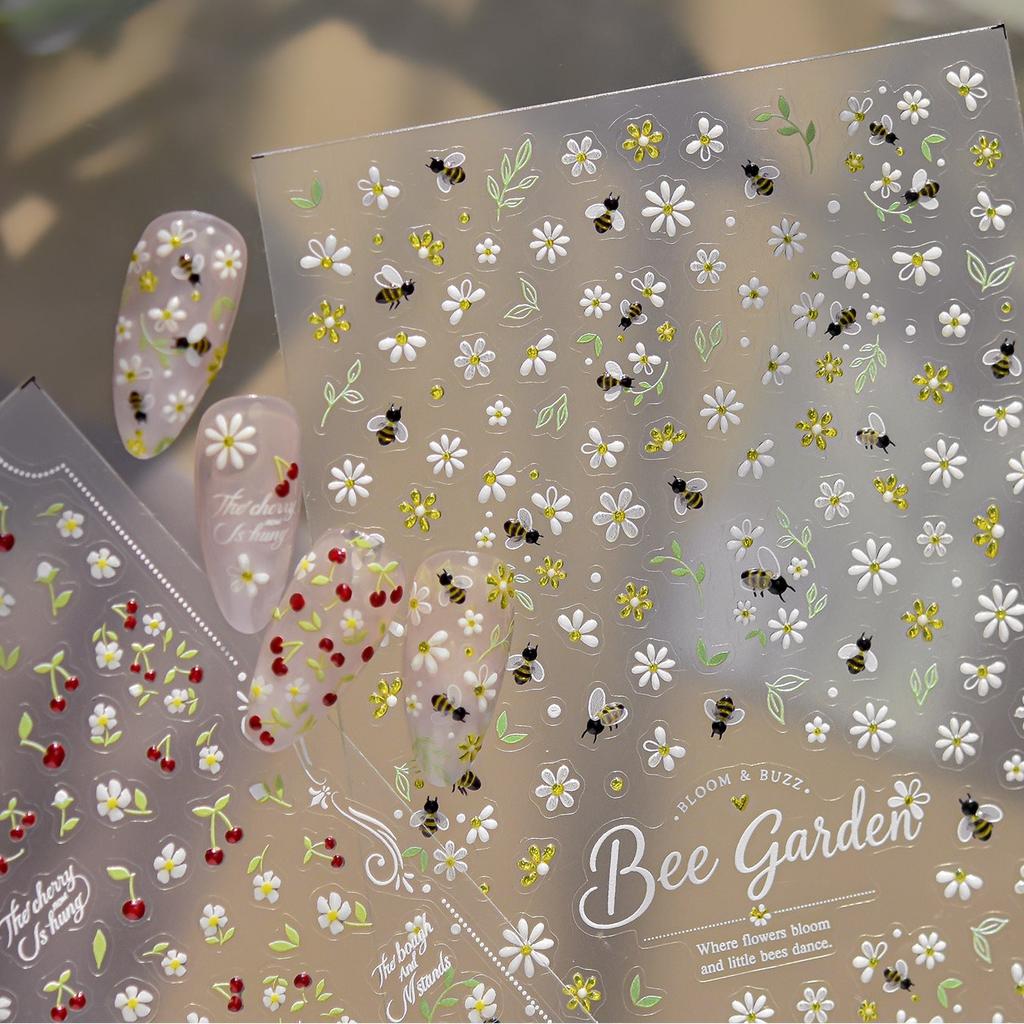 3D Bee Garden & Cherry Blossom Nail Art Stickers | Floral DIY Decals 