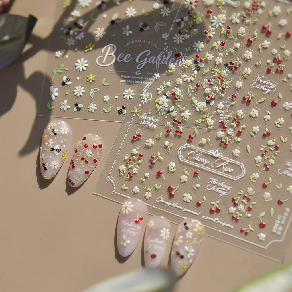 3D Bee Garden & Cherry Blossom Nail Art Stickers | Floral DIY Decals 