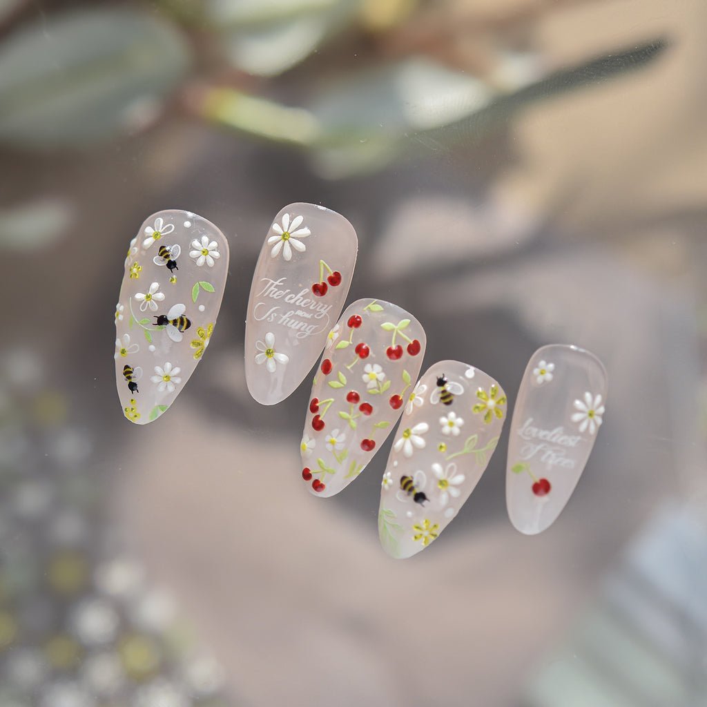 3D Bee Garden & Cherry Blossom Nail Art Stickers | Floral DIY Decals 