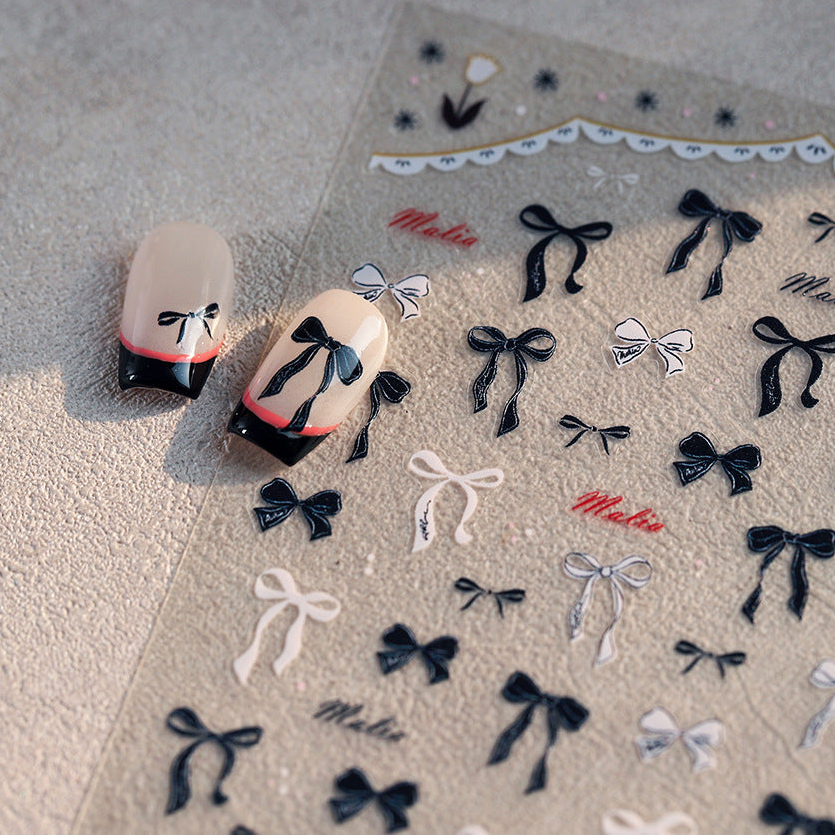 3D Bow Nail Stickers | Cute Pink & Black Balletcore Decals 3807
