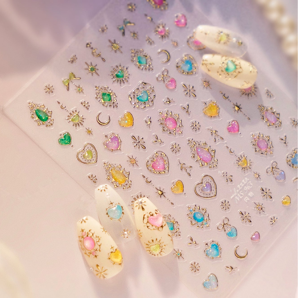 3D Celestial Star & Heart Nail Stickers | Gold Silver Gemstone Decals