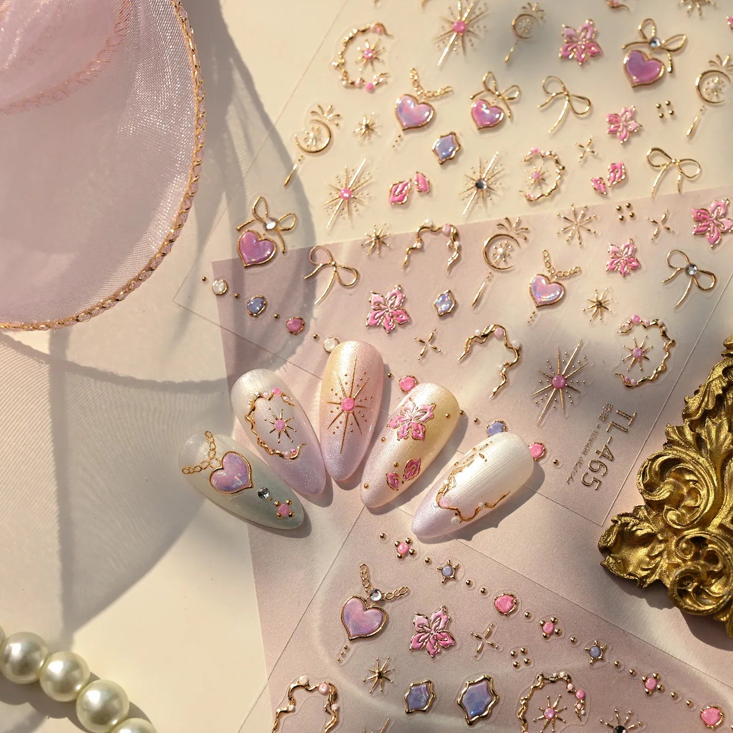 3D Celestial Star & Heart Nail Stickers | Gold Silver Gemstone Decals