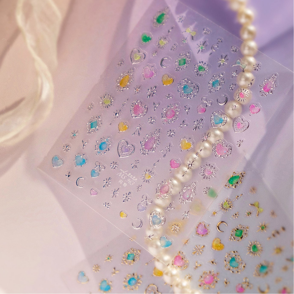 3D Celestial Star & Heart Nail Stickers | Gold Silver Gemstone Decals