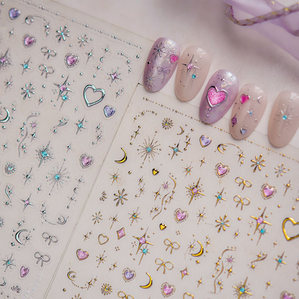 3D Celestial Star & Heart Nail Stickers | Gold Silver Gemstone Decals