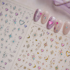 3D Celestial Star & Heart Nail Stickers | Gold Silver Gemstone Decals