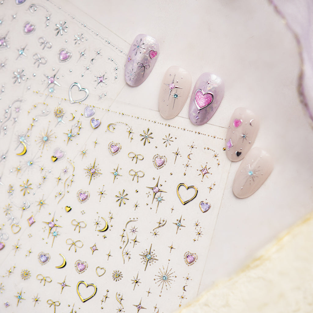 3D Celestial Star & Heart Nail Stickers | Gold Silver Gemstone Decals