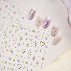 3D Celestial Star & Heart Nail Stickers | Gold Silver Gemstone Decals