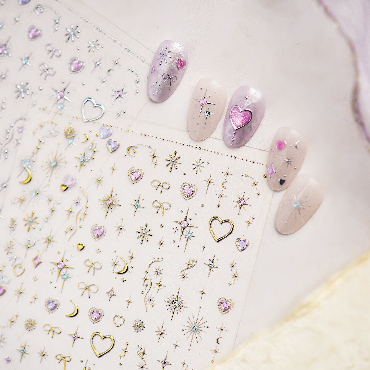 3D Celestial Star & Heart Nail Stickers | Gold Silver Gemstone Decals