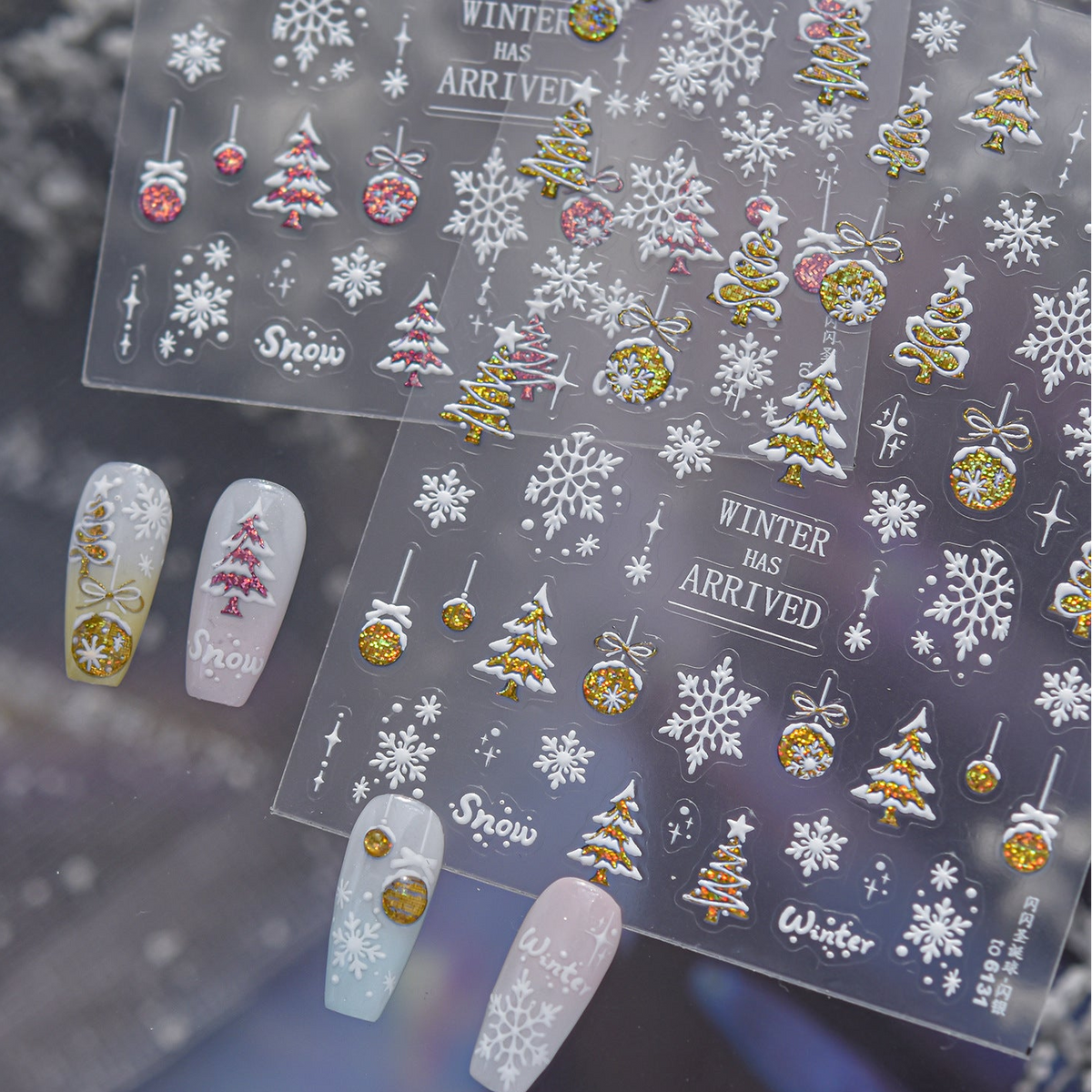 3D Christmas Glitter Nail Stickers - Sparkling Xmas Tree & Snowflake