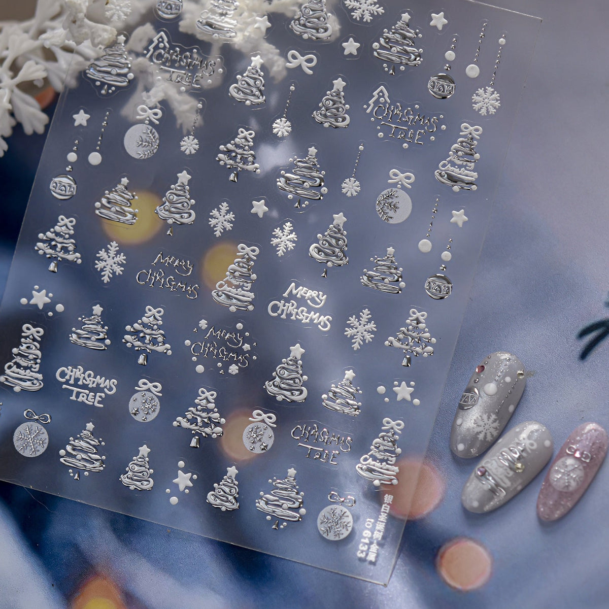 3D Christmas Glitter Nail Stickers - Sparkling Xmas Tree & Snowflake