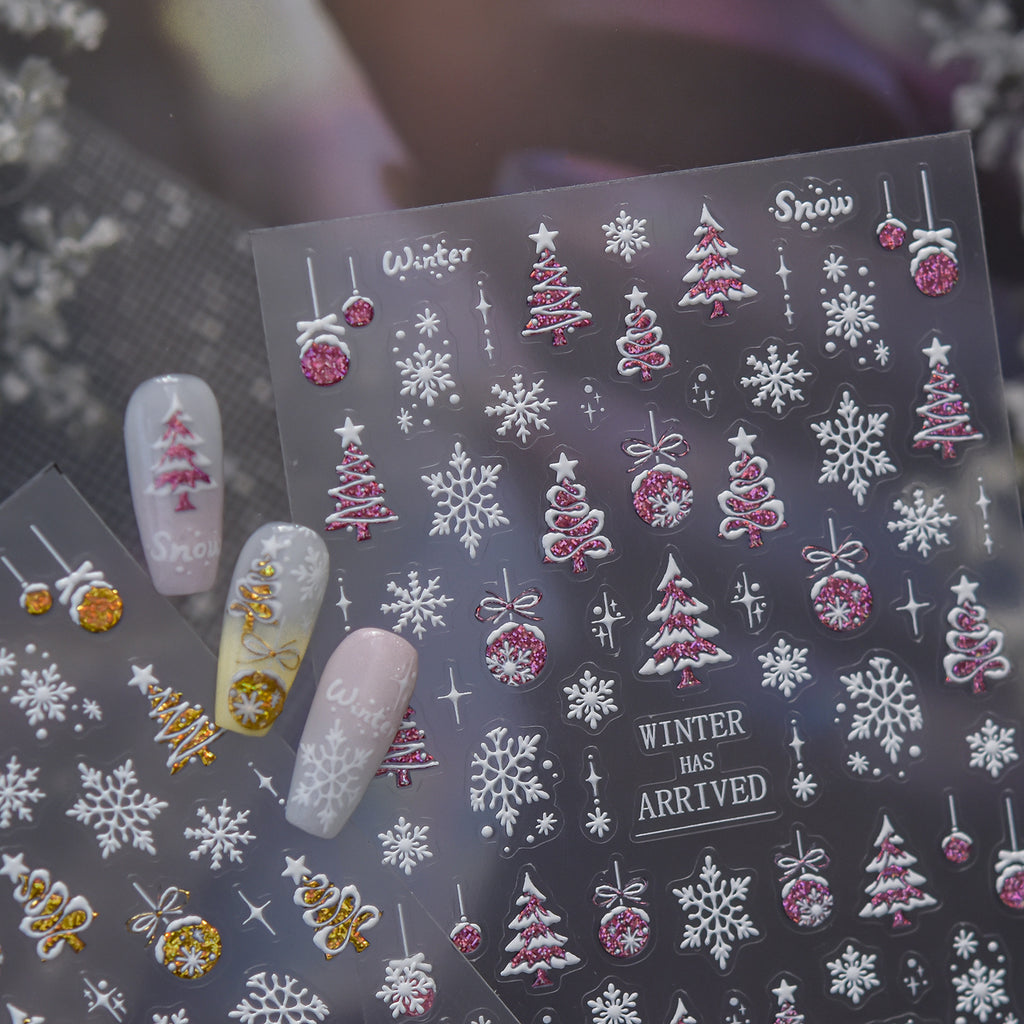 3D Christmas Glitter Nail Stickers - Sparkling Xmas Tree & Snowflake